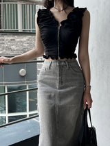 SALE! Gray washed denim back slit H-line long skirt (Gray)