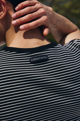 Stripe slim henley neck half t-shirts(Black)