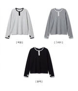 ワッフルカラーマッチングフィンガーホールラウンド長袖Tシャツ