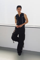 Curved half zip up sleeveless(Black)