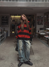 Stripe cable hood warmer knitwear