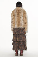 Short fur coat with animal print lapels and a standing collar