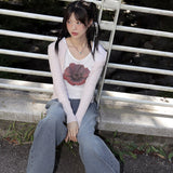 キービングシースルーUネックコスモスフラワー長袖Tシャツ