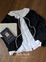 #Frill Collar Strap Puff Long Sleeve Blouse