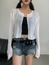 [U-BASIC] See-through Linen Ribbed Crop Cardigan