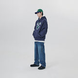 LEATHER APPLIQUE GRAPHIC HOODIE
 - NAVY