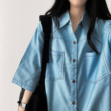 Icle Stitch Denim Boxy Fit Short-Sleeved Shirt