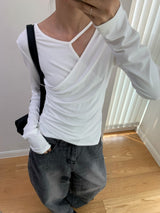 Cross strap unbalanced long-sleeve t-shirt