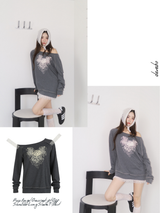 ローズエンジェルオーバーサイズフィットオフショルダーロングスリーブTシャツ