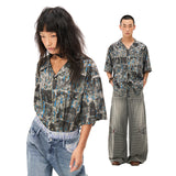 Striped print short-sleeved loose vintage shirt