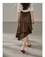 Asymmetric Lace Mix Silk Midi Skirt