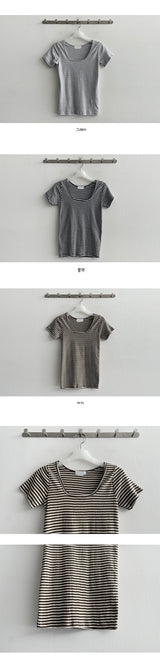 ピュアミニスクエアネックストライプ半袖Tシャツ