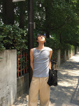 Fog Ribbed Henley Neck Sleeveless 3C