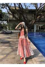 Red cherry checkered lace sleeveless long dress
