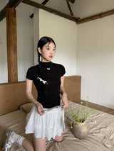 ハーフタートルネックブラックリボンショートスリーブtシャツ