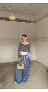 Blue Check Wide Casual Pants