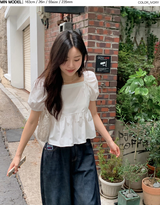 Square Puff Ribbon Short Sleeve Blouse (2color)