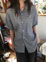 [unisex] フューシルチェックオーバー半袖シャツ