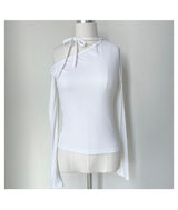 Unbuttoned off-shoulder halter strap long sleeve T-shirt (3 colors)