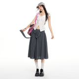 Navy Plaid Bow A-Line Midi Skirt