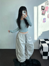 FLEECE❤SIDE SHIRRING STRIPE CROPPED LONG SLEEVE T SHIRT 🧸🤎🩶🩵3COLOR