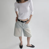 [Riabu] boat Neck Three-quarter sleeve cropped T-shirt - 4 color