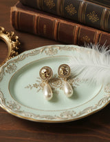 Ethnic Button and Long Pearl Earrings - Gold Color