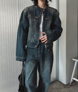 オーシャンウォッシュドステッチバイカーデニムジャケット