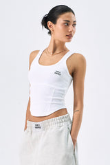 Womens ラウンドカバーステッチタンクトップ (White)