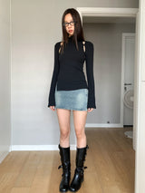 half-turtleneck shoulder slit ribbed long-sleeved T-shirt