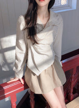 MT Pintuck Strap Button Stripe Wrap Shirt (3color)