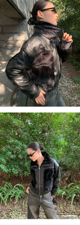 Black fur high-neck zip-up leather jacket