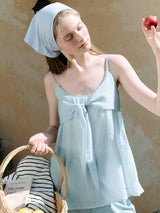SHIRRING RIBBON SLEEVELESS BLUE