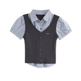 Layered Check Shirt Knit Top 231330484
