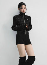 Dark Wash Denim Jacket + Deep Black Knit Set