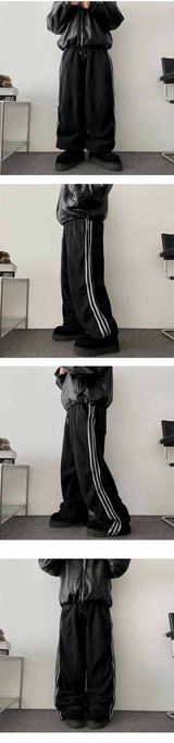 Hey three-line track fleece banding wide pants