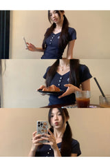 Short Sleeve Button Slim Ribbed Short Sleeve Tee