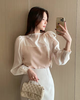 Liang Satin Tie Color Matching Puff Blouse