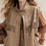 Camel Western Fringe Laser-Punched Suede Crop Vest