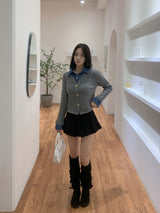 Perry Denim-Layer Cable Knit Long Sleeve Cardigan