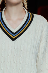 CABLE V NECK CRICKET KNIT / IVORY