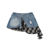 Blue Washed Denim Plaid Asymmetric Belted Convertible Mini Skirt and Tube Top