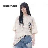 ベージュグレーコットンウォッシュドグラフィックオーバーサイズTシャツ