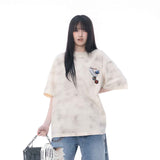 ベージュグレーコットンウォッシュドグラフィックオーバーサイズTシャツ