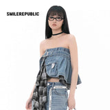 Blue Washed Denim Plaid Asymmetric Belted Convertible Mini Skirt and Tube Top