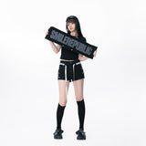 Black Washed Denim Shorts with Logo Drawstring, Women's Streetwear Shorts