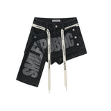 Black Washed Denim Shorts with Logo Drawstring, Women's Streetwear Shorts
