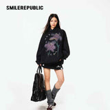 Washed Black Cotton Blend Floral Graphic Oversized Pullover Hoodie with Kangaroo Pocket
