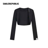 Black Stretch Polyester Blend Cropped Open-Front Long Sleeve Bolero Shrug for Women