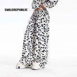 Black White Dalmatian Print Wide Leg Sweatpants Cotton Blend Casual Pants, Unisex
